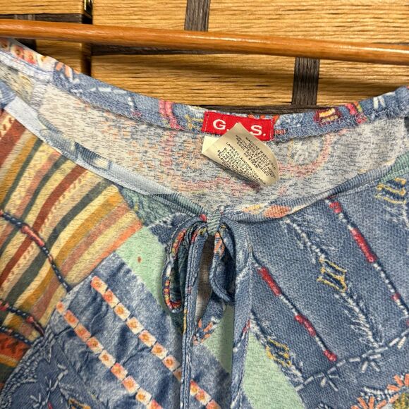 G.A.S. Blue Patchwork Print Blouse Size Large - Picture 5 of 5